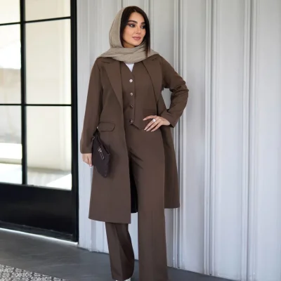 ست کت و ژیله و شلوار قهوه ای مدل بهرخ